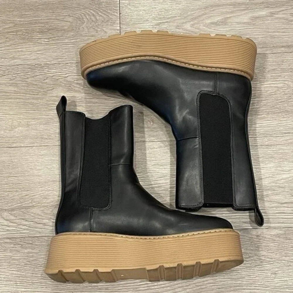 Chelsea Platform Chunky Boots Women 9-9.5‎ Faux Leather School Grunge Casual